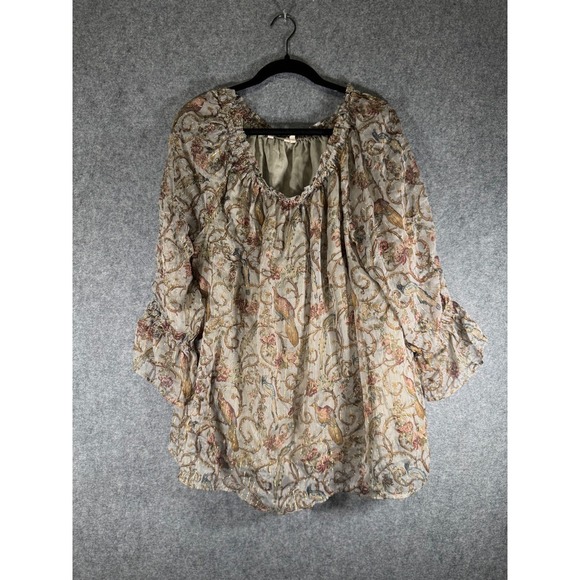Soft Surroudings Blouse Women 3X Brown Smocked Chiffon Romantic Stretch Paisley - Picture 1 of 9